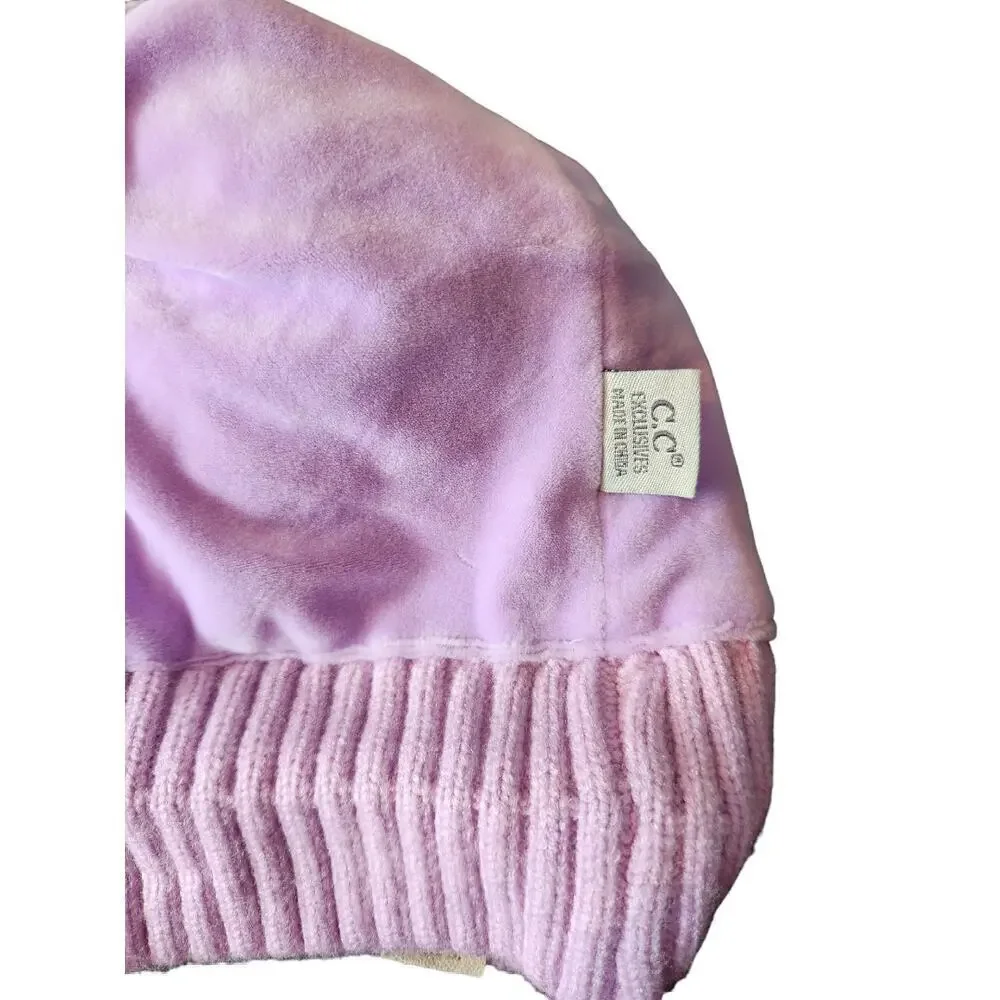CC kids cable‎ knit lined stocking hat with pom pink/purple
